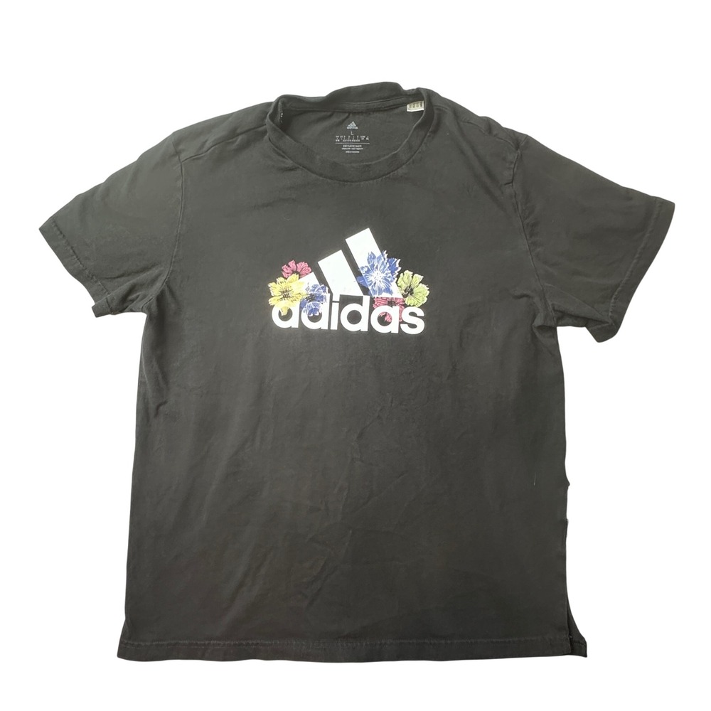 Adidas T-Shirt Womens L Black Floral Mountain Logo‎ Short Sleeve HK9269 Sporty